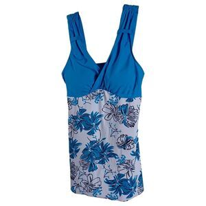 Tankini Women's Beach Swimsuit Cinched Top Blue White Black Floral Size XL